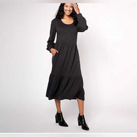 NWT Denim & Co Women’s Black  Long Sleeve Crew Neck Midi Boot Dress - 1XL - Picture 1 of 6